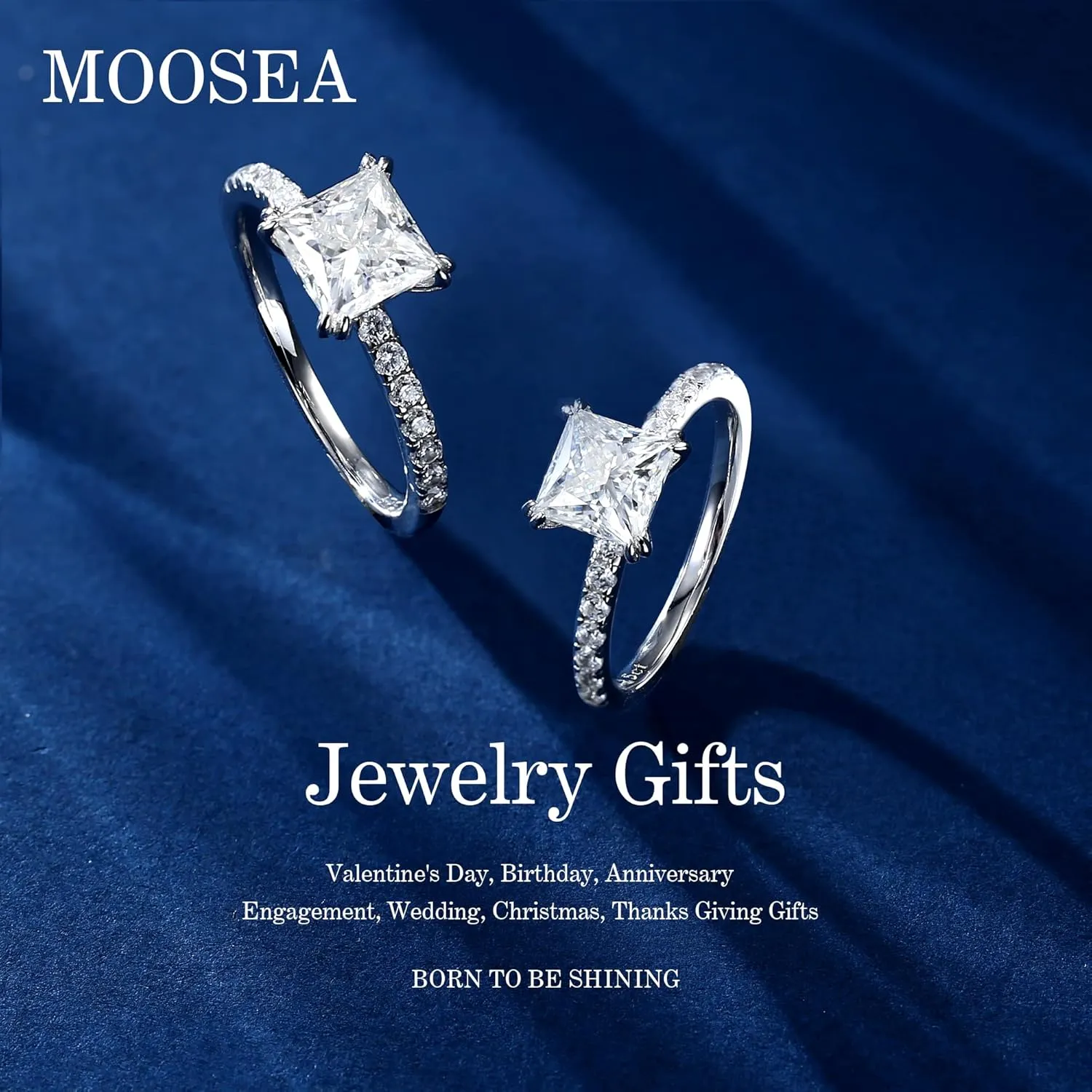 MOOSEA Princess Moissanite Rings for Women, 1.5ct Lab Created Diamond Rings 14K White Gold Vermeil Engagement Rings