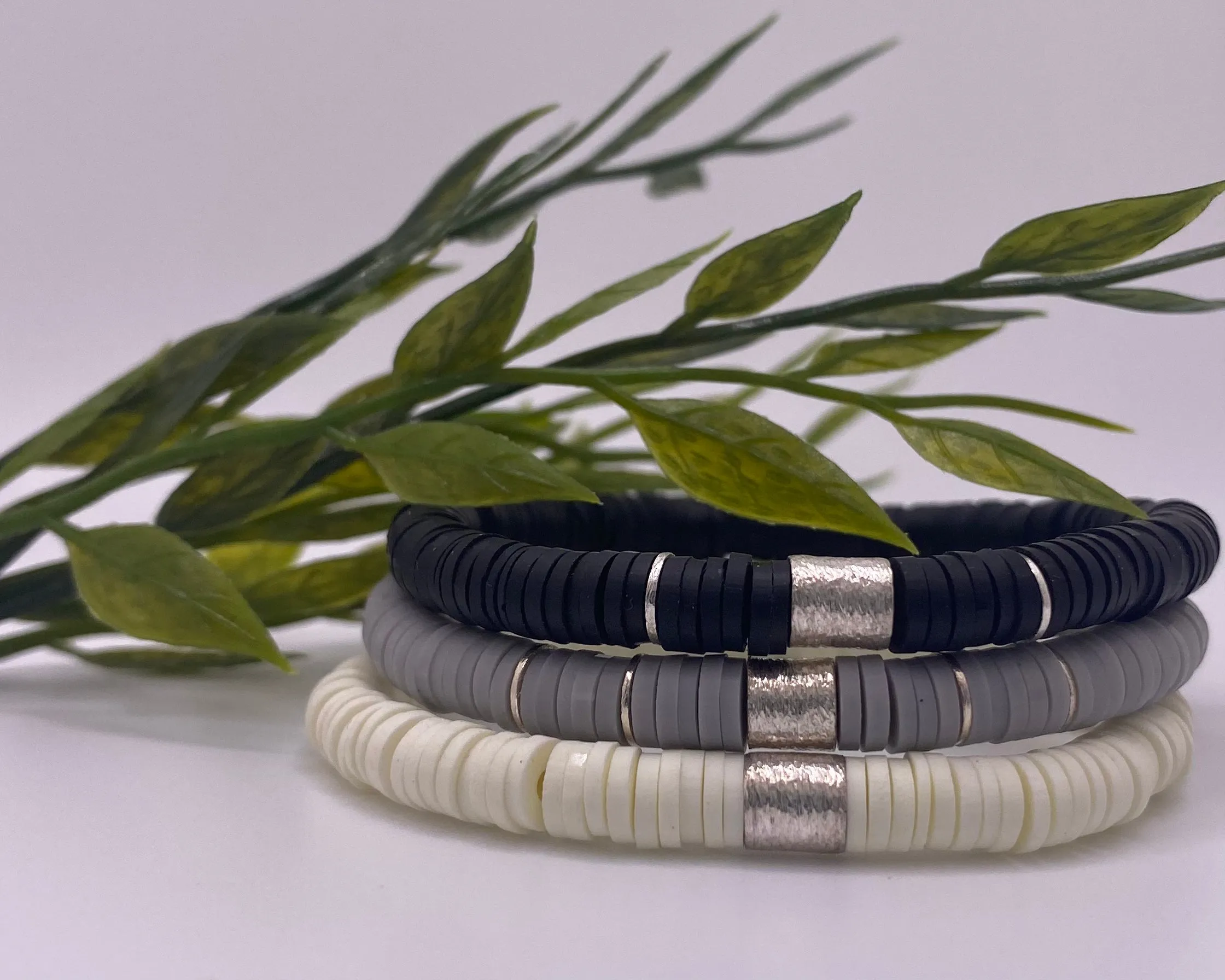 Multi-Colored Heishi Stack Bracelets (Greyscale)