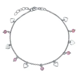 Multi Heart Crystal Pink Anklet Ankle Bracelet Sterling Silver 9-10"
