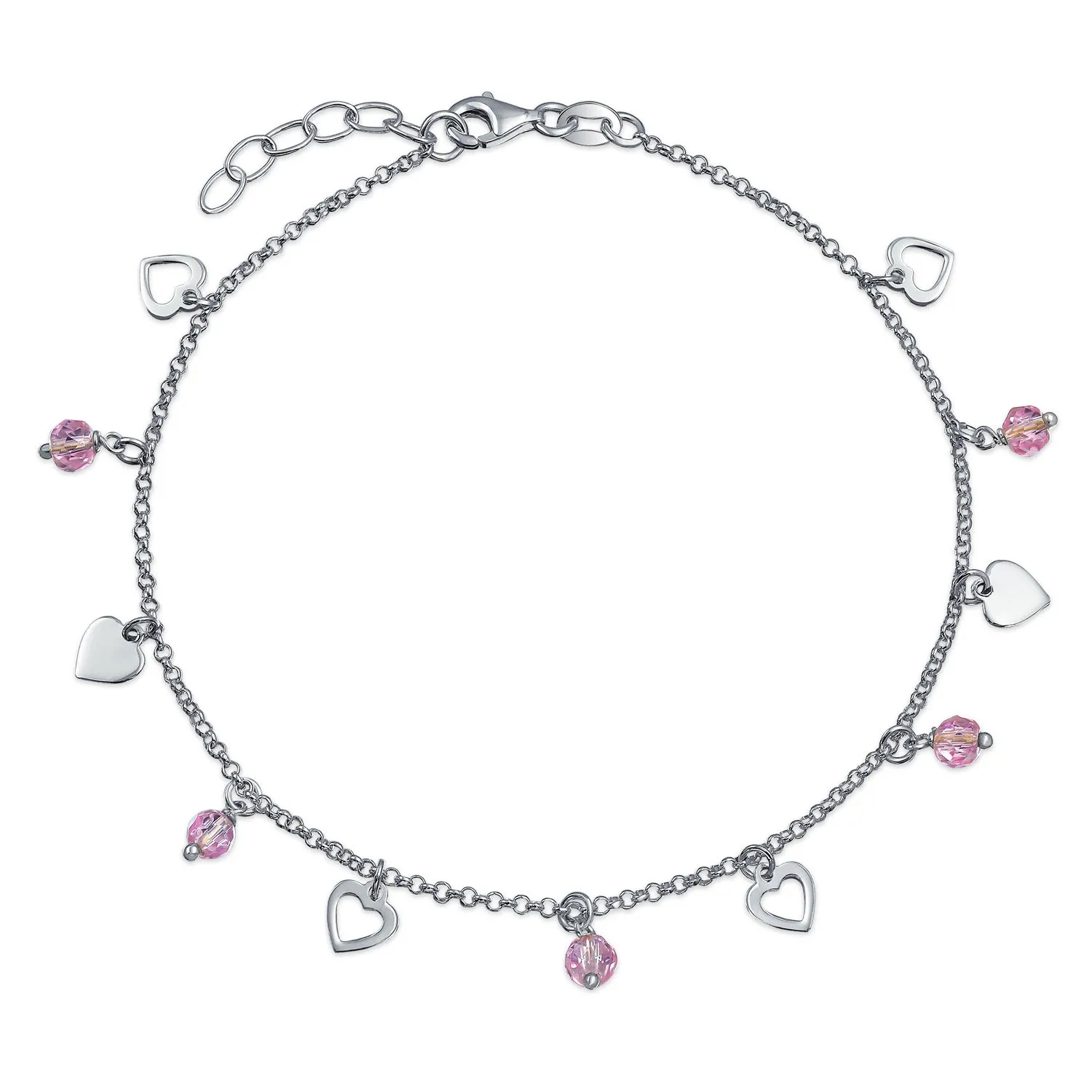 Multi Heart Crystal Pink Anklet Ankle Bracelet Sterling Silver 9-10"