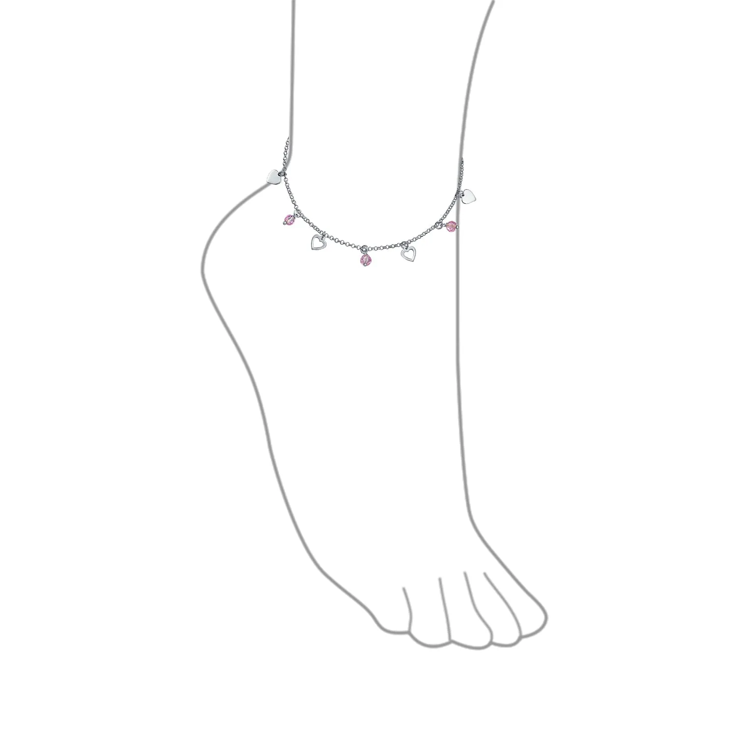 Multi Heart Crystal Pink Anklet Ankle Bracelet Sterling Silver 9-10"