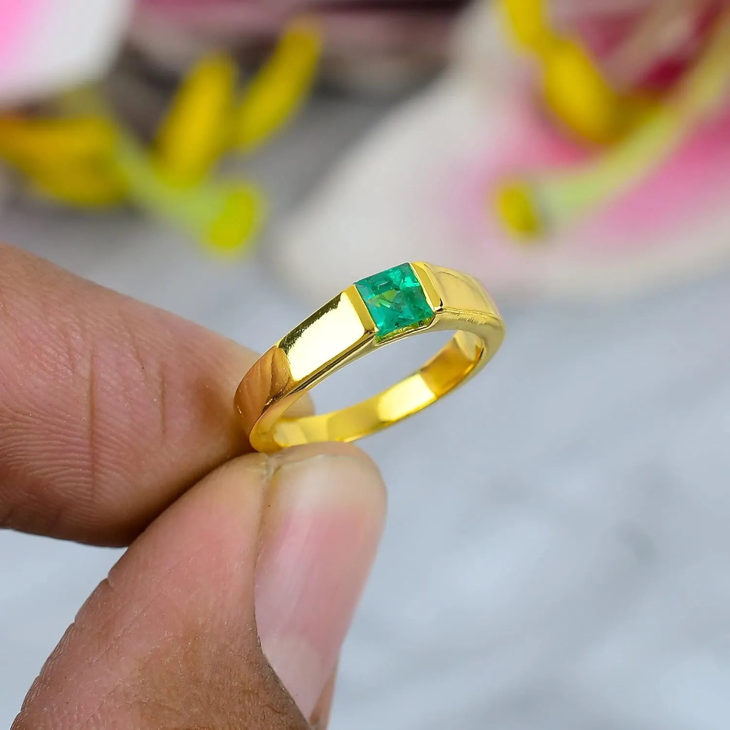 Natural Emerald Gemstone Rings For Men & Woman/Solitaire Statement Band for Girls / 925 Sterling Silver Stacking Baguette Ring/Designer's jewelry / 4x4 mm (Yellow Gold, 7)