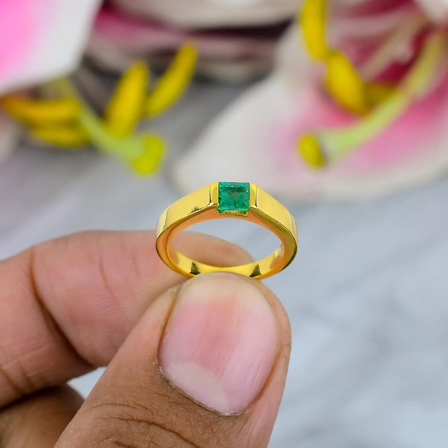 Natural Emerald Gemstone Rings For Men & Woman/Solitaire Statement Band for Girls / 925 Sterling Silver Stacking Baguette Ring/Designer's jewelry / 4x4 mm (Yellow Gold, 7)