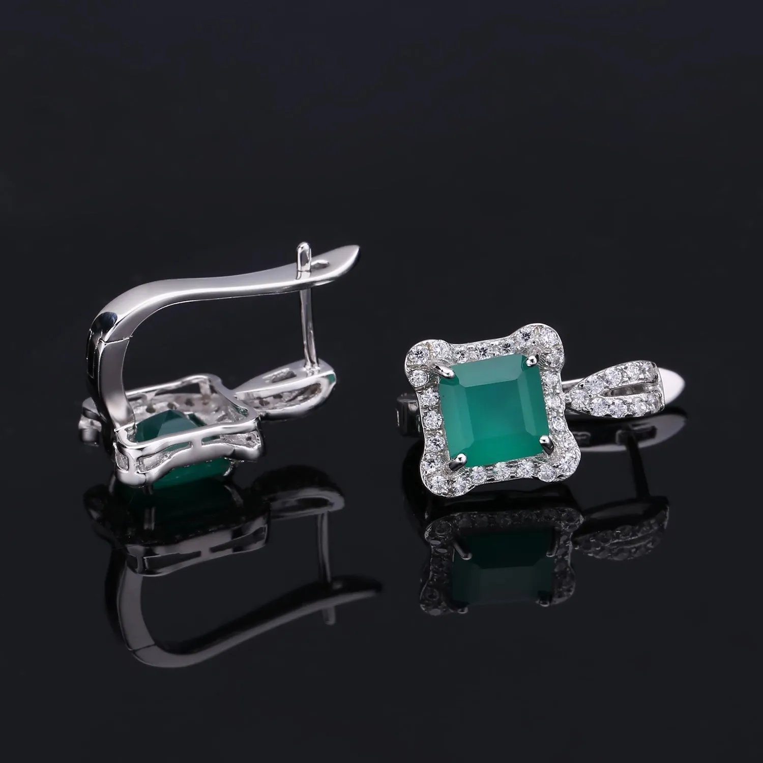 Natural Green Agate Soleste Halo Square Silver Studs Earrings for Women