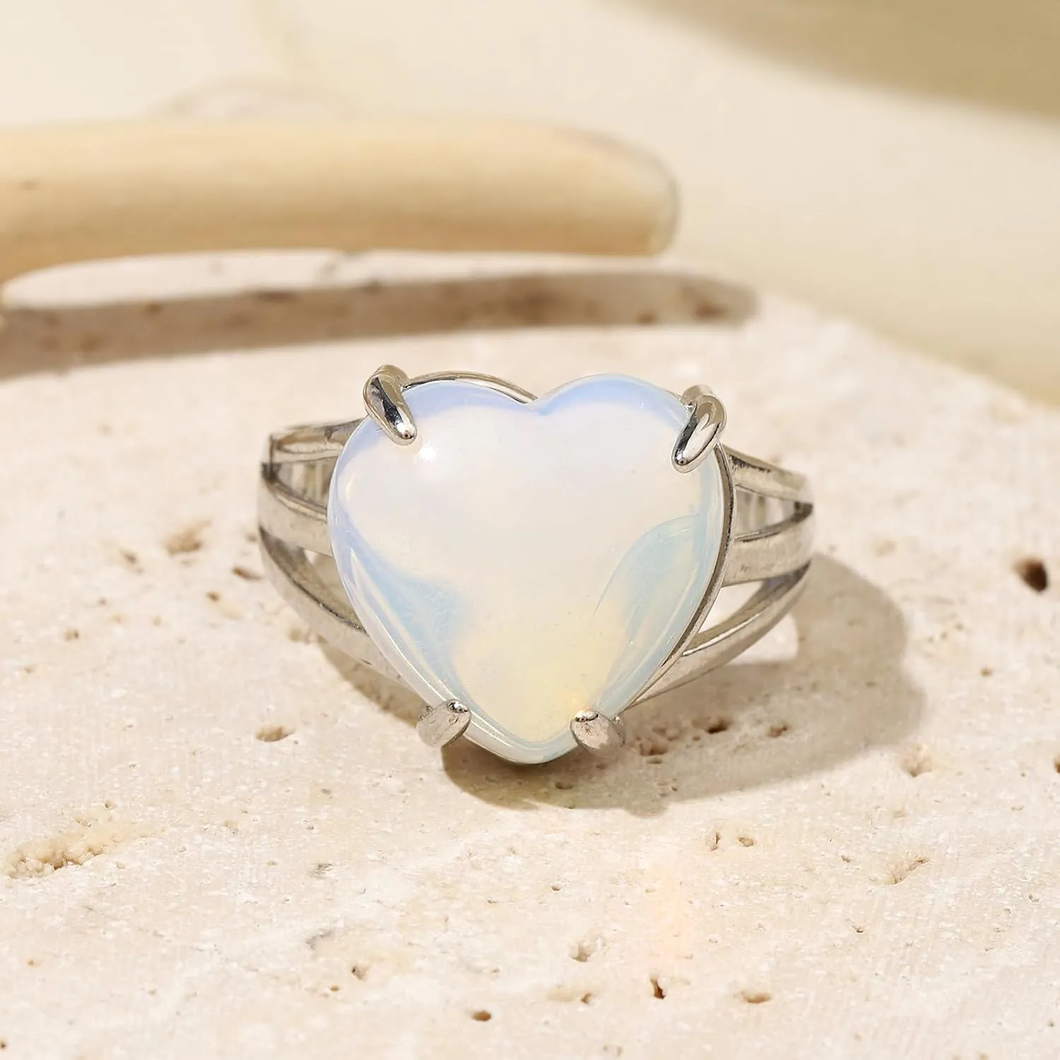 Natural Stone Rings for Women Silver Handmade Crystal Rings Adjustable Healing Crystal Rings Heart Gemstone Rings for Women Men