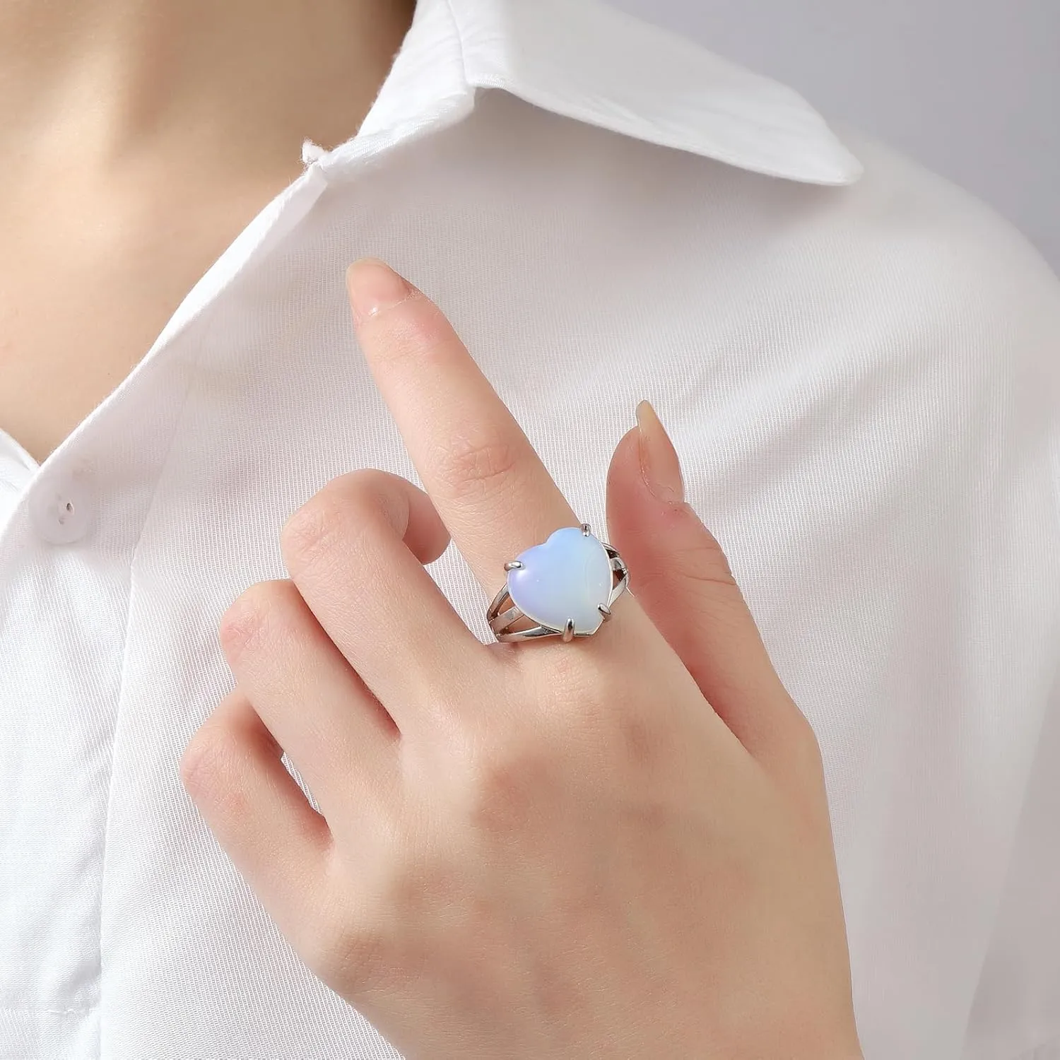 Natural Stone Rings for Women Silver Handmade Crystal Rings Adjustable Healing Crystal Rings Heart Gemstone Rings for Women Men