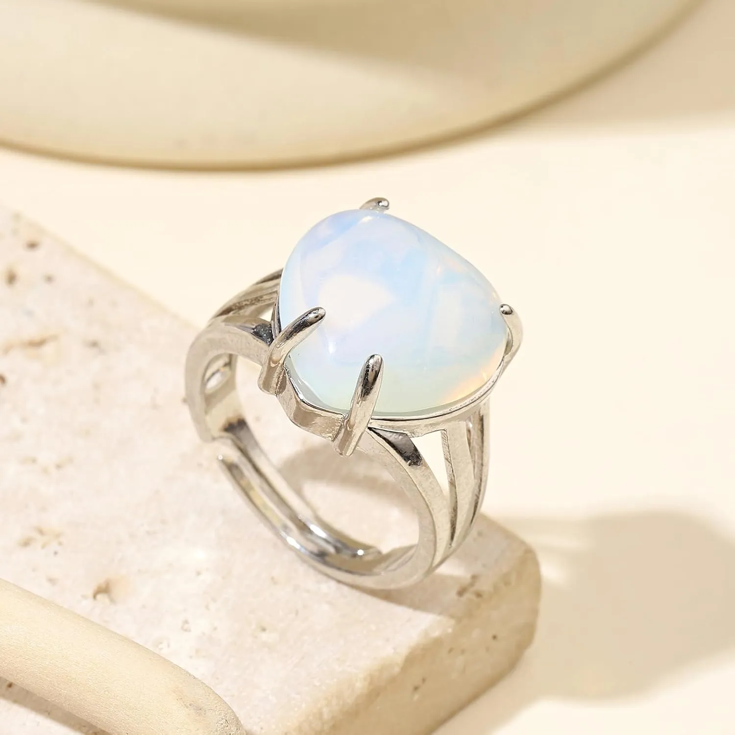 Natural Stone Rings for Women Silver Handmade Crystal Rings Adjustable Healing Crystal Rings Heart Gemstone Rings for Women Men