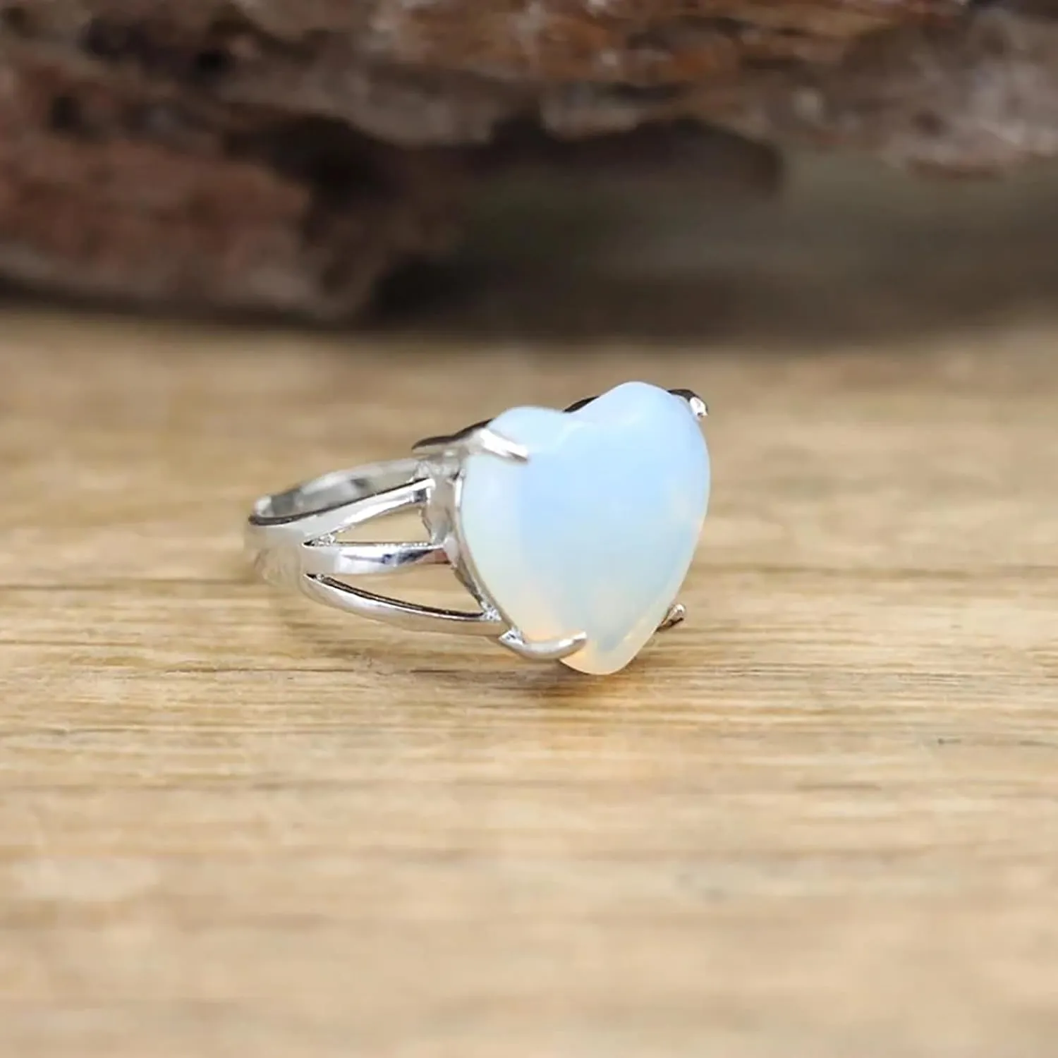 Natural Stone Rings for Women Silver Handmade Crystal Rings Adjustable Healing Crystal Rings Heart Gemstone Rings for Women Men