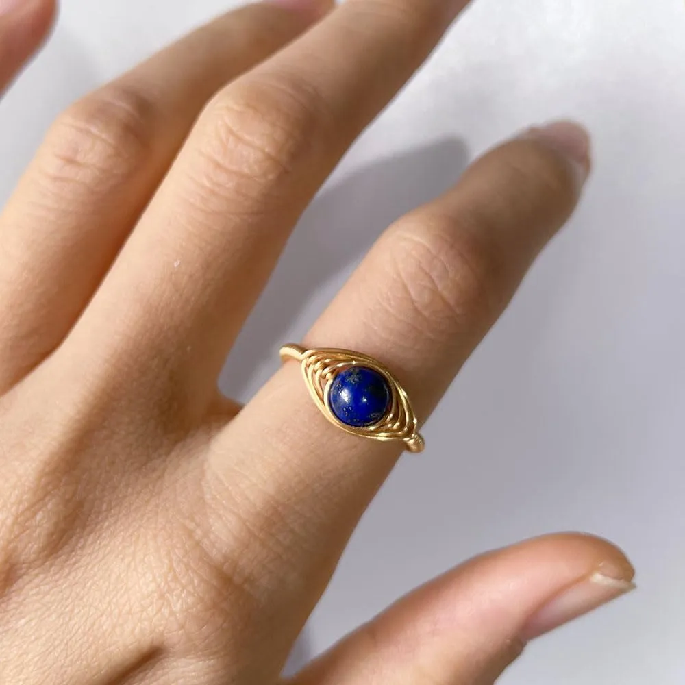 Natural Stone Turkish Evil Eye Ring for Women Lapis Lazuli Agate 14k Gold Plated Copper Wire Wrap Knuckle Stackable Finger Rings Amulet Lucky Jewelry (lapis lazuli)