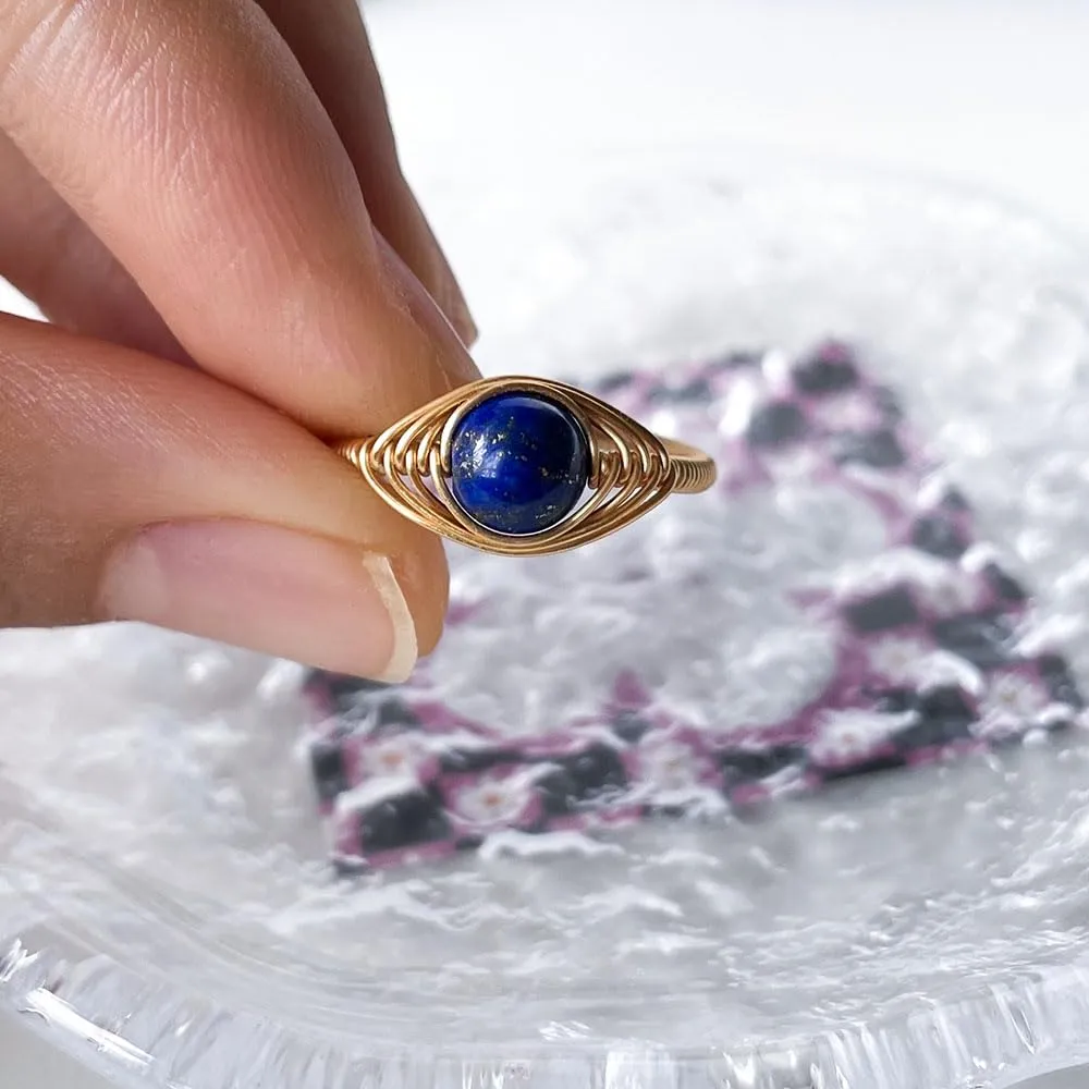 Natural Stone Turkish Evil Eye Ring for Women Lapis Lazuli Agate 14k Gold Plated Copper Wire Wrap Knuckle Stackable Finger Rings Amulet Lucky Jewelry (lapis lazuli)