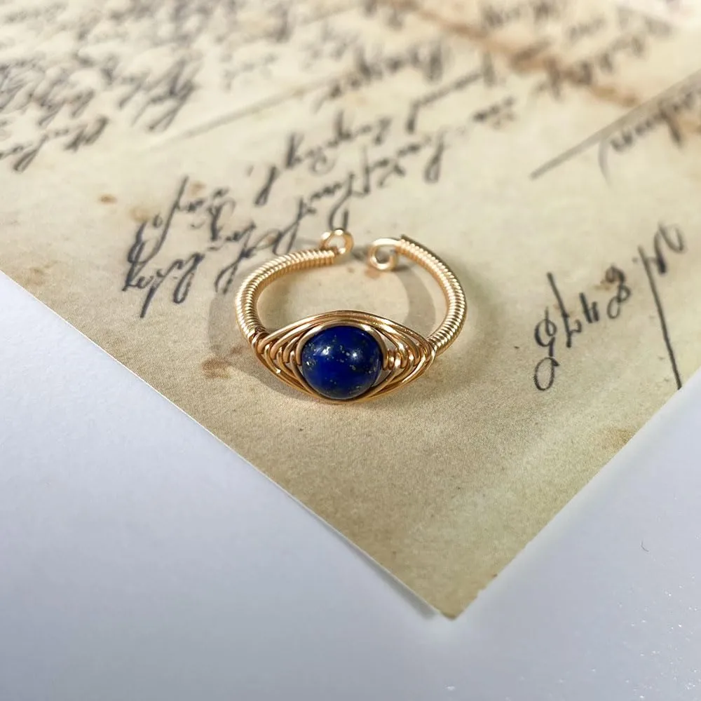 Natural Stone Turkish Evil Eye Ring for Women Lapis Lazuli Agate 14k Gold Plated Copper Wire Wrap Knuckle Stackable Finger Rings Amulet Lucky Jewelry (lapis lazuli)