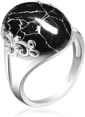 Natural Turquoise Stone Ring for Women,S925 Sterling Silver Edged with Flower Vine Thick Genuine Gemstone Turkey Ring Jewelry