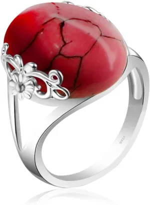 Natural Turquoise Stone Ring for Women,S925 Sterling Silver Edged with Flower Vine Thick Genuine Gemstone Turkey Ring Jewelry
