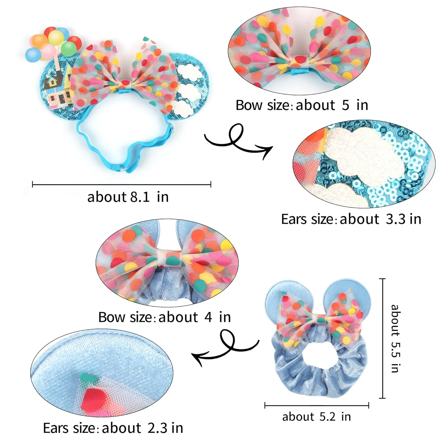 Newborn Bows for Girls Toddler Hair Bows Elastic Adjustable Headband Mouse Ears Up Scrunchies Essencial Accessories for Trip Headwear for Women (Rainbowdot)