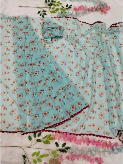 One Minute Light Blue Floral Print Saree