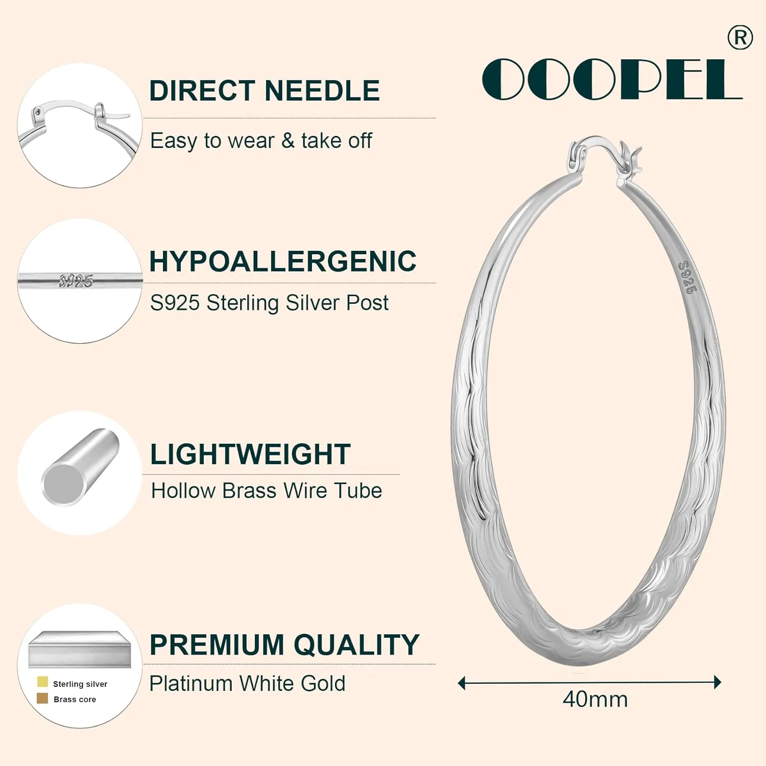OOOPEL 925 Sterling Silver Hoop for Women Gold Hoop Earrings Hypoallergenic Diamond-Cut Ripples Designed - Non Tarnish Large Hoop Earrings(30/40/50/60/70mm)