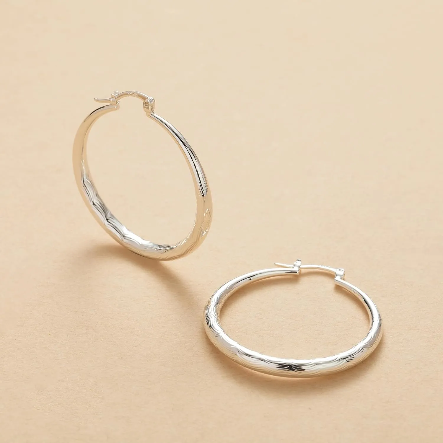 OOOPEL 925 Sterling Silver Hoop for Women Gold Hoop Earrings Hypoallergenic Diamond-Cut Ripples Designed - Non Tarnish Large Hoop Earrings(30/40/50/60/70mm)
