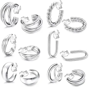 ORAZIO Clip On Earrings for Women 6Pairs Gold Clip On Hoop Earrings For Egirls Chunky Hoops Twist Triple Square Hoop Earrings No Piercing Fake Earrings Set
