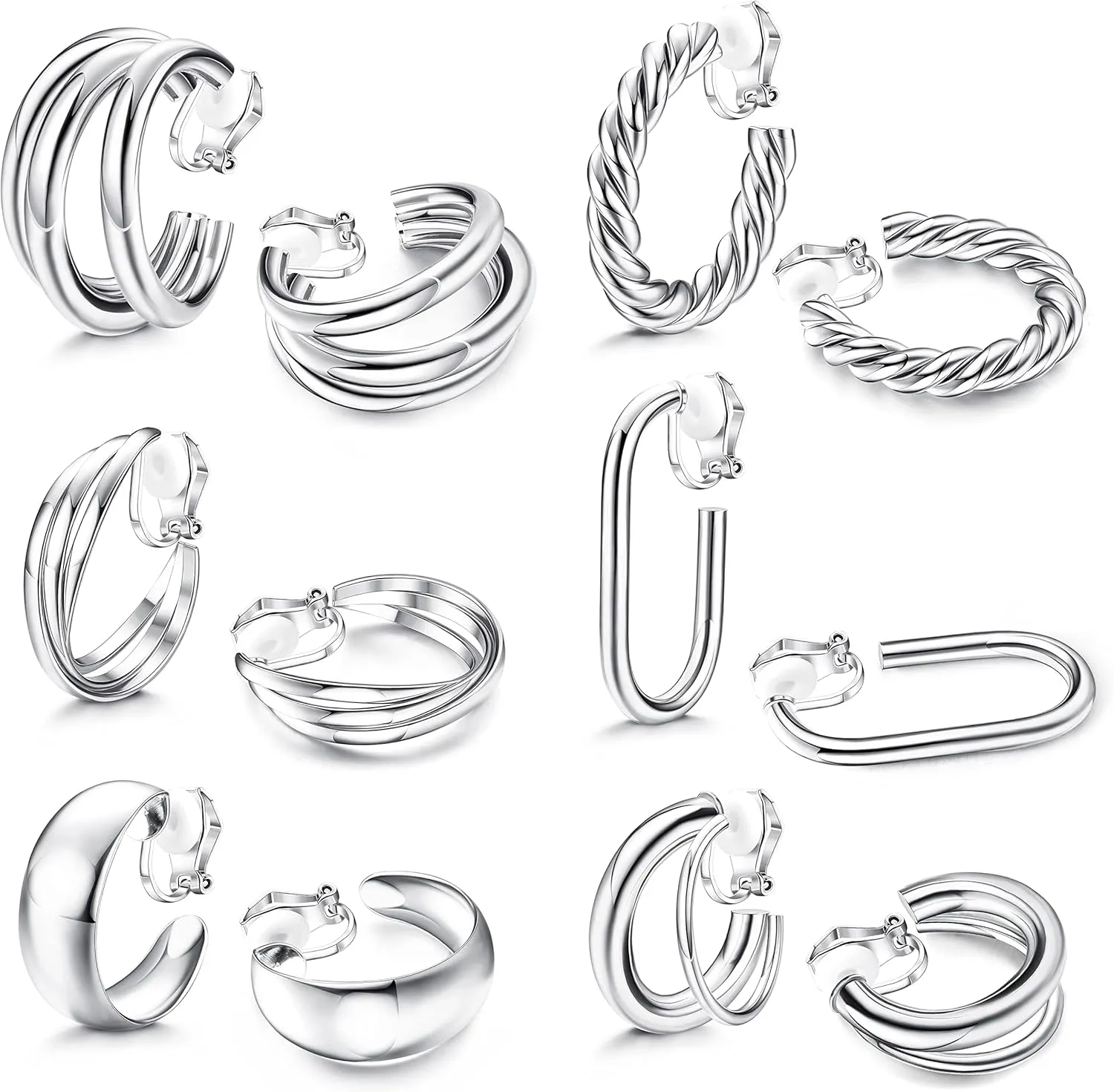 ORAZIO Clip On Earrings for Women 6Pairs Gold Clip On Hoop Earrings For Egirls Chunky Hoops Twist Triple Square Hoop Earrings No Piercing Fake Earrings Set