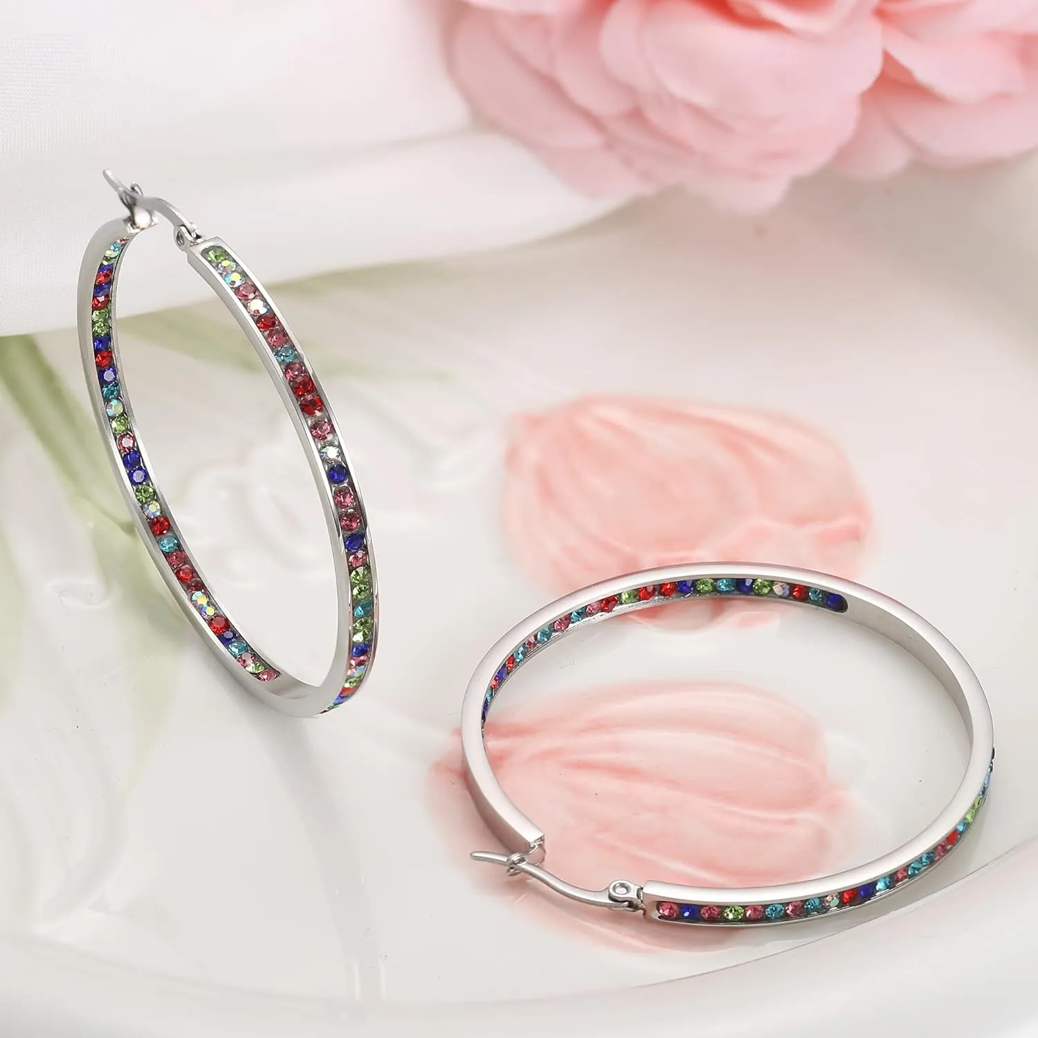 ORAZIO Stainless Steel Women Hoop Earrings Cute Huggie Earrings Cubic Zirconia Inlaid 50MM