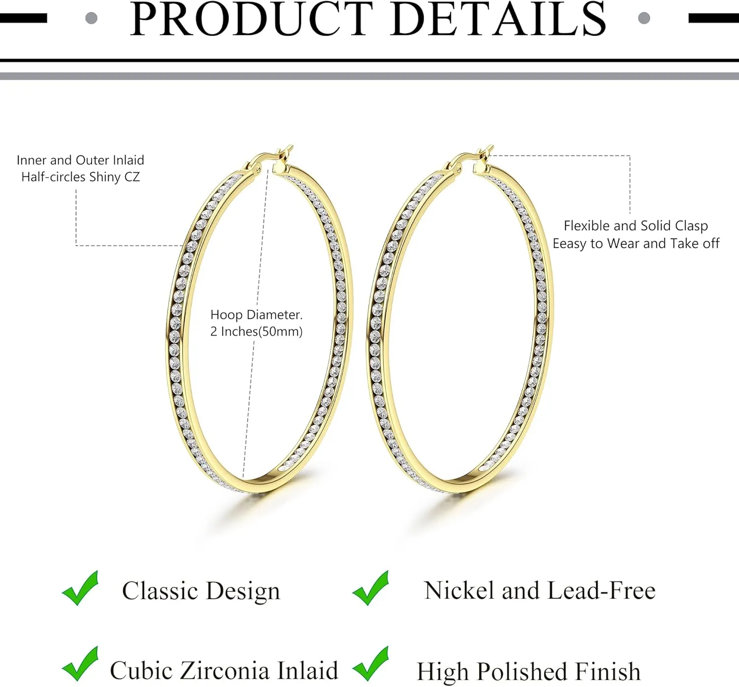 ORAZIO Stainless Steel Women Hoop Earrings Cute Huggie Earrings Cubic Zirconia Inlaid 50MM
