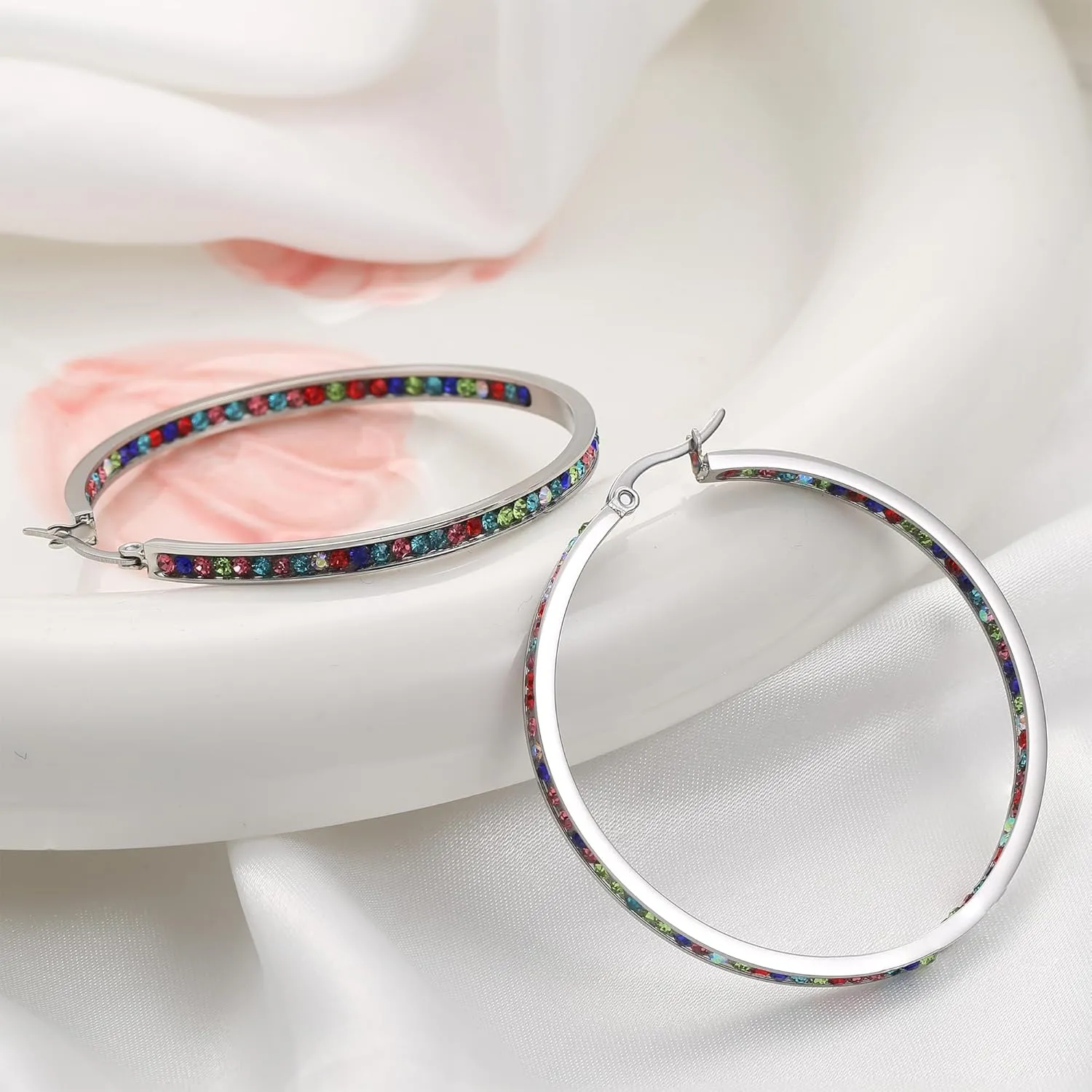 ORAZIO Stainless Steel Women Hoop Earrings Cute Huggie Earrings Cubic Zirconia Inlaid 50MM