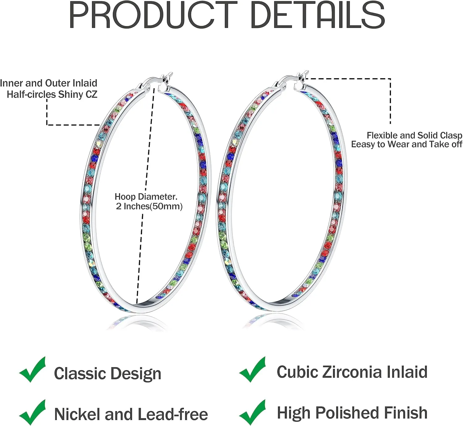 ORAZIO Stainless Steel Women Hoop Earrings Cute Huggie Earrings Cubic Zirconia Inlaid 50MM