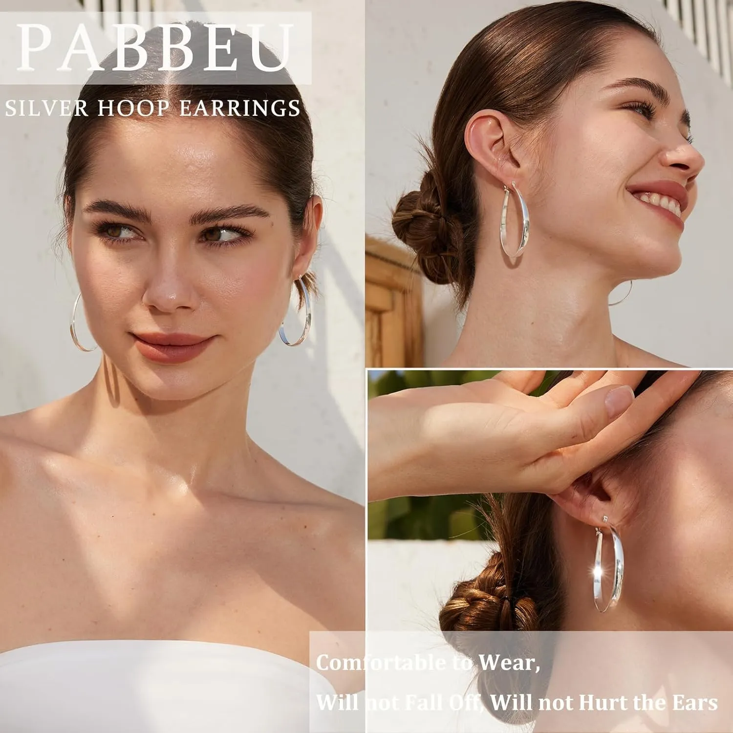 PABBEU Sterling Silver Hoop Earrings for Women, Lightweight Large Oval Hoops Earrings, Hypoallergenic Silver Hoop Earring for Women Gifts 30/40/50/60MM