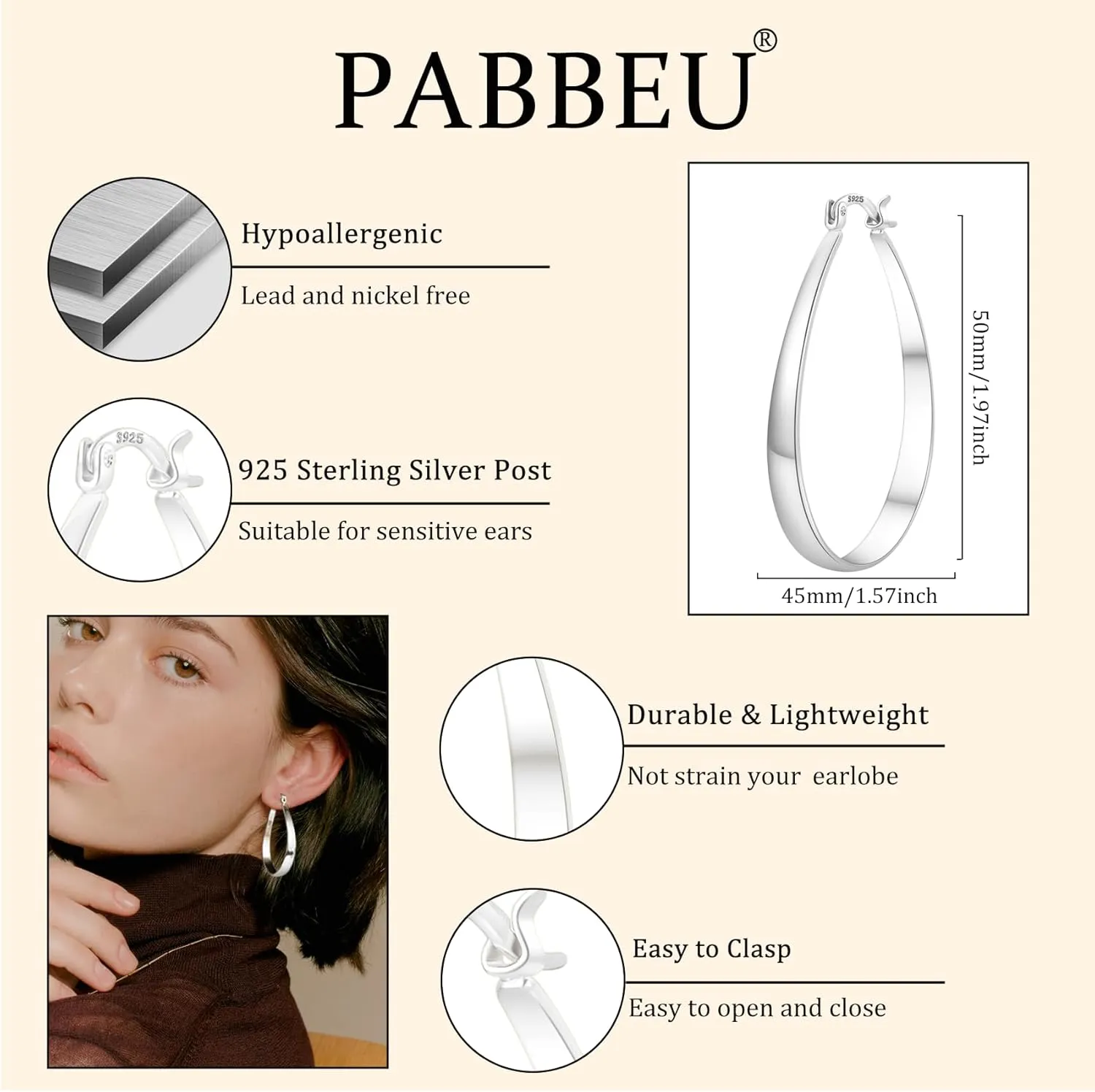 PABBEU Sterling Silver Hoop Earrings for Women, Lightweight Large Oval Hoops Earrings, Hypoallergenic Silver Hoop Earring for Women Gifts 30/40/50/60MM