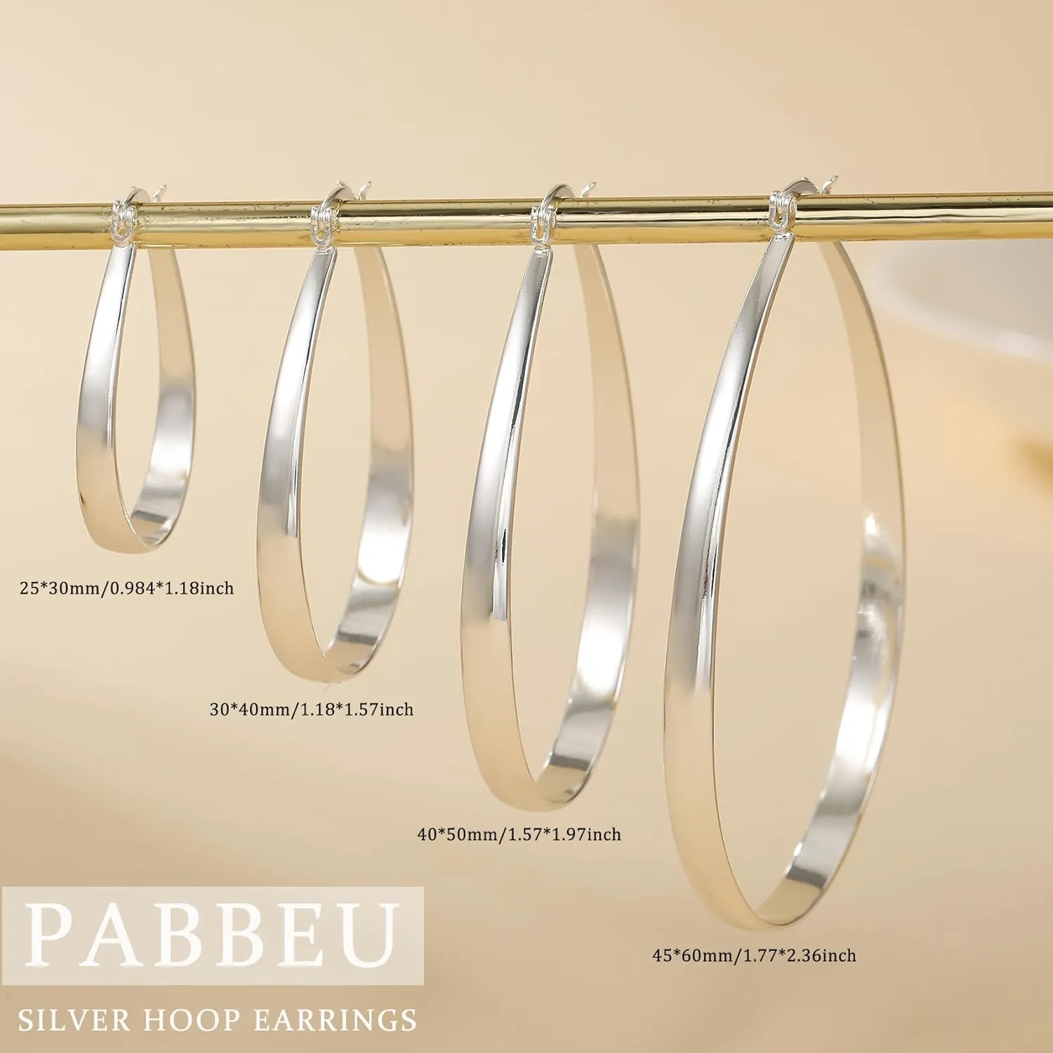 PABBEU Sterling Silver Hoop Earrings for Women, Lightweight Large Oval Hoops Earrings, Hypoallergenic Silver Hoop Earring for Women Gifts 30/40/50/60MM
