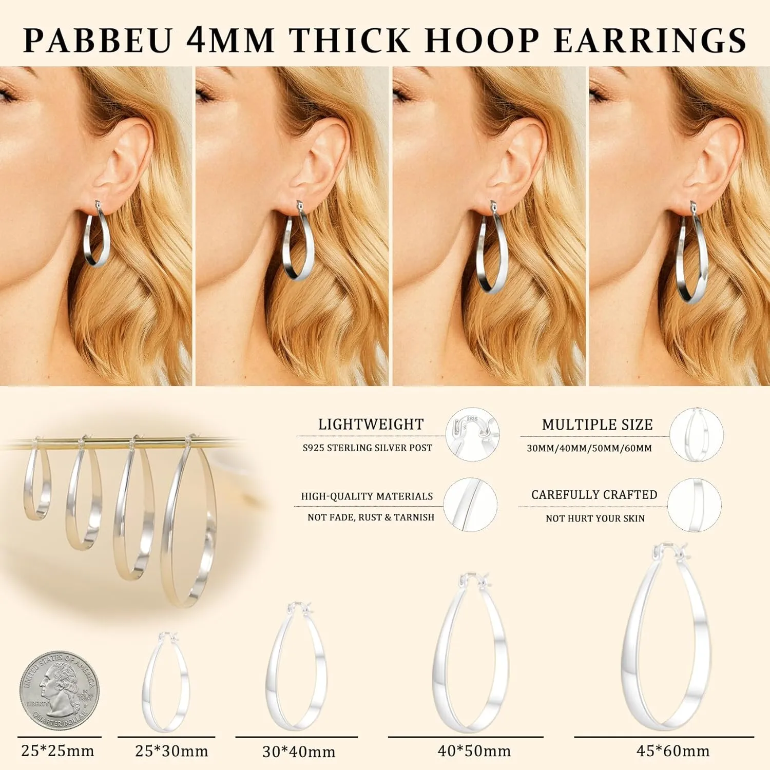 PABBEU Sterling Silver Hoop Earrings for Women, Lightweight Large Oval Hoops Earrings, Hypoallergenic Silver Hoop Earring for Women Gifts 30/40/50/60MM