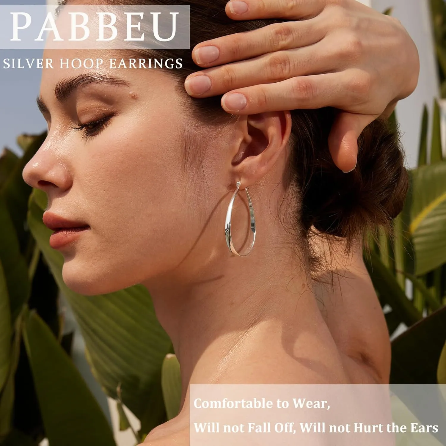 PABBEU Sterling Silver Hoop Earrings for Women, Lightweight Large Oval Hoops Earrings, Hypoallergenic Silver Hoop Earring for Women Gifts 30/40/50/60MM