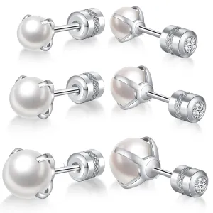 Pack of 3 Screw Back Pearl Earrings Studs 3MM/5MM/7MM,Quality Stainless Steel Stud Earrings for Men Women Birthday Anniversar