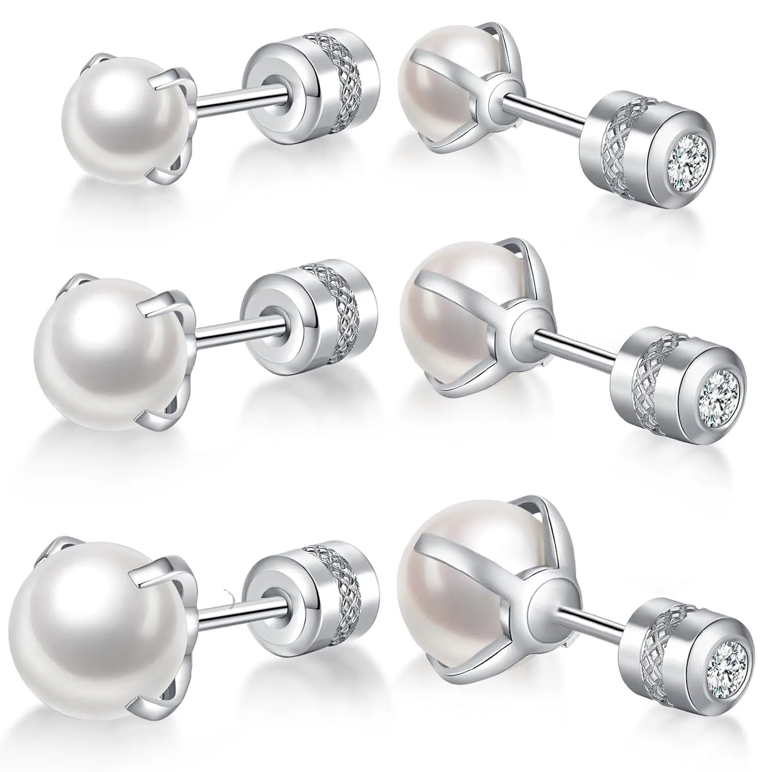 Pack of 3 Screw Back Pearl Earrings Studs 3MM/5MM/7MM,Quality Stainless Steel Stud Earrings for Men Women Birthday Anniversar