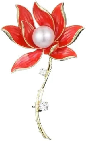 Pearl Lotus Brooch Luxury Flower Brooch Pin Brooches Lapel Pins,Boutonniere Costume Jewelry For Women Ladies,Red