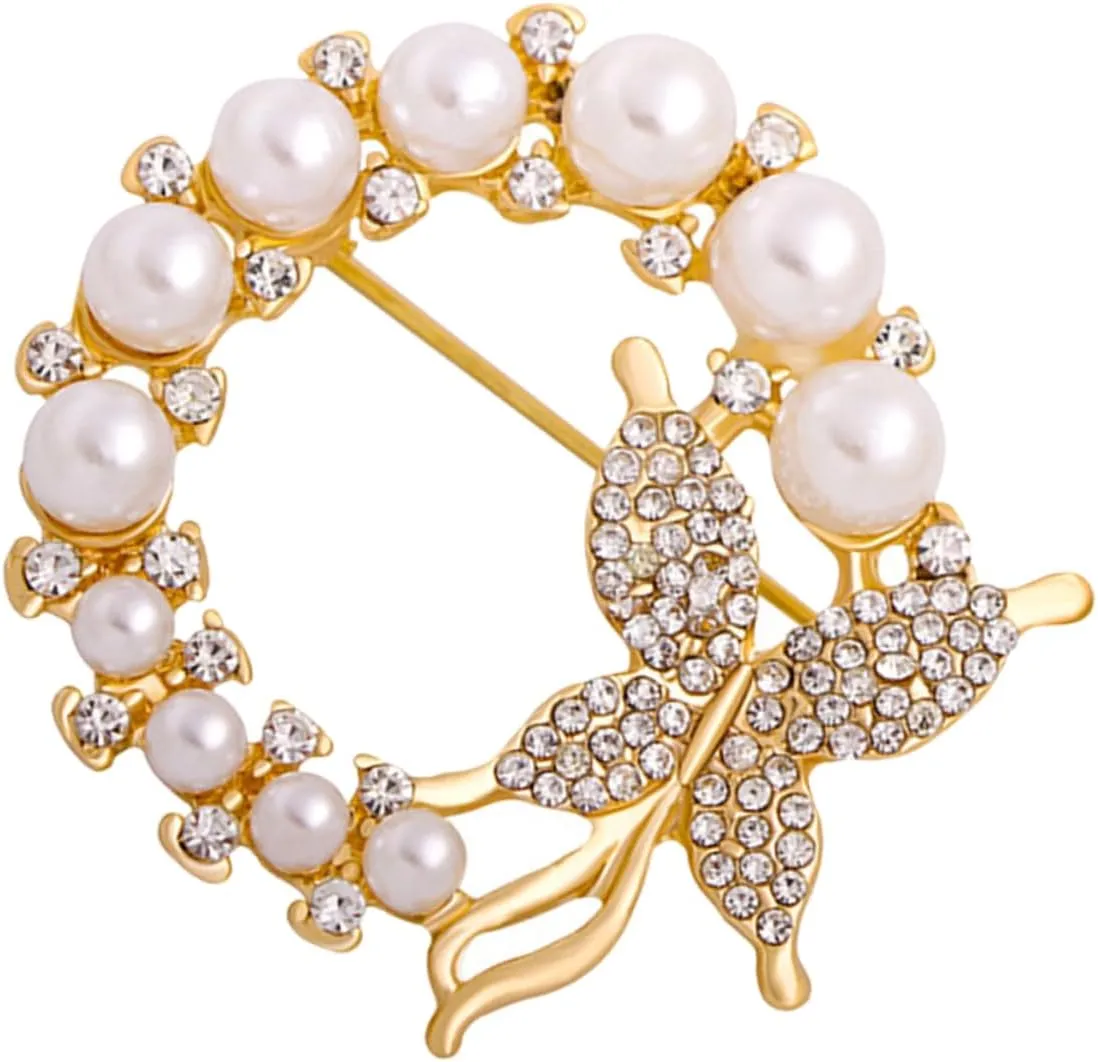 Pearls and Butterfly Decor Sweater Butterfly Brooch Rhinestone Flower Pin