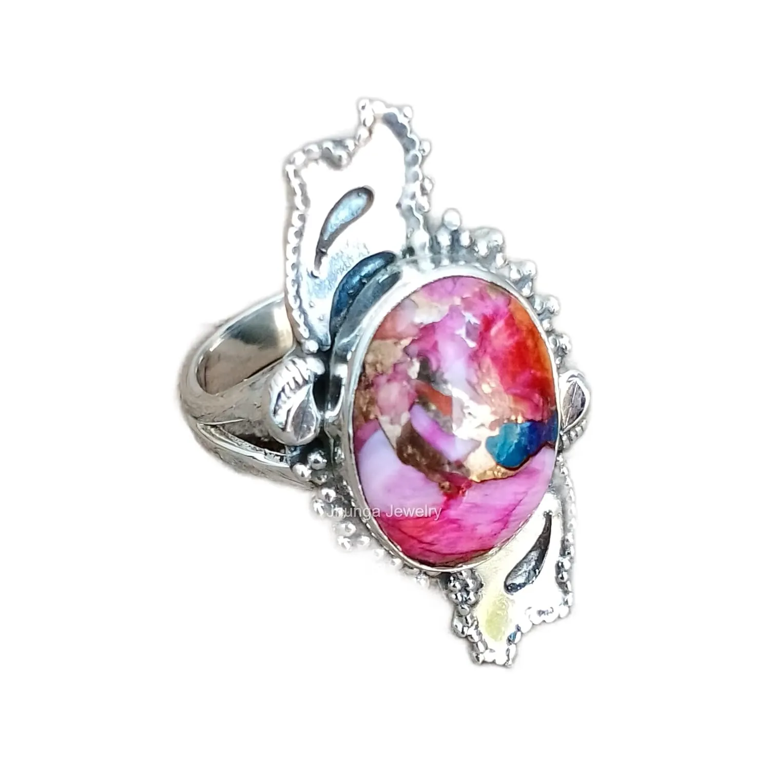 Pink Oyster Copper Turquoise Ring, 925 Sterling Silver, Gift For Mother Day, December Birthstone Ring, Handmade Statement Rings, Boho Style, Natural Gemstone Ring, Bridal Ring, Unique Jewelry