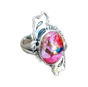 Pink Oyster Copper Turquoise Ring, 925 Sterling Silver, Gift For Mother Day, December Birthstone Ring, Handmade Statement Rings, Boho Style, Natural Gemstone Ring, Bridal Ring, Unique Jewelry