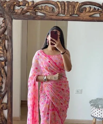 Pink Ready to Wear Sari  Georgette Floral Print One Minute Saree