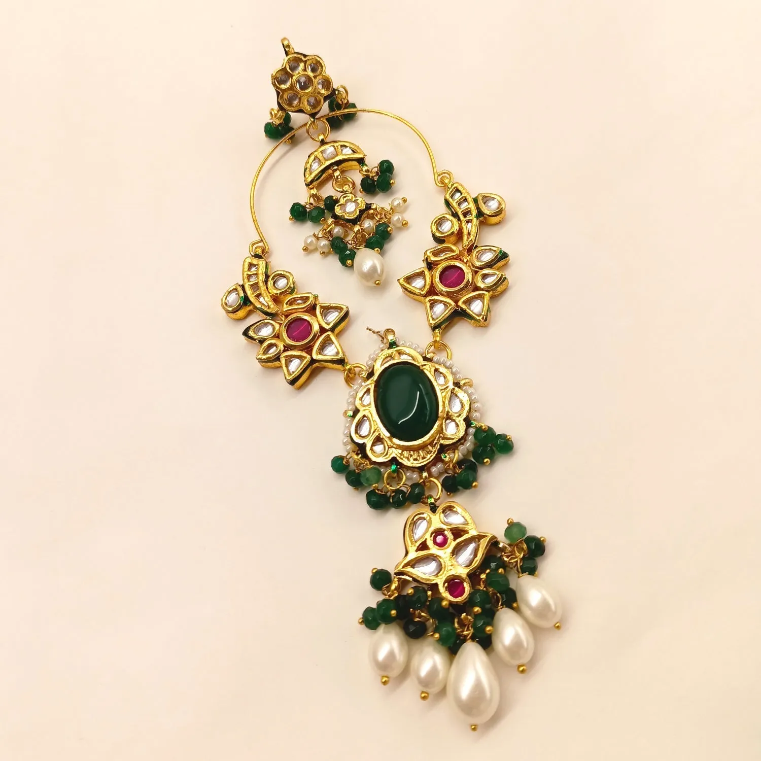 Prachi Long Kundan Earrings With Green Stone