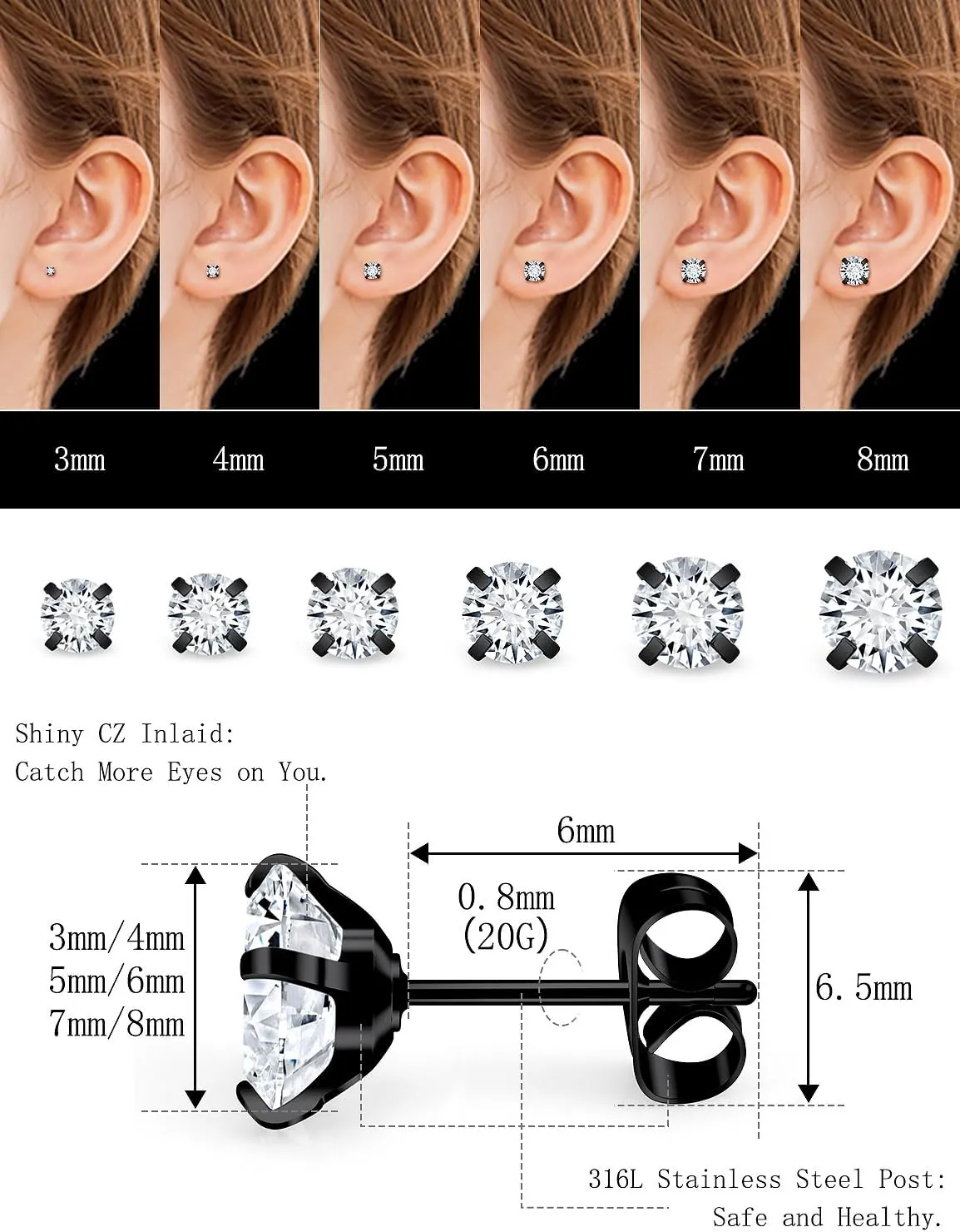 Prjndjw Black Stud Earrings Mix Sizes 3-8mm12 Pairs 20G Surgical Steel Cubic Zirconia Round Ball Set for Women Men Helix Tragus Lobe Stud Ear rings