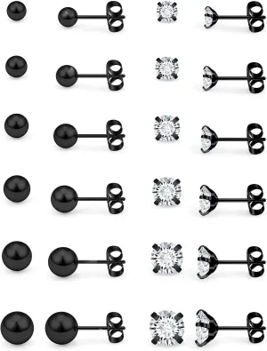 Prjndjw Black Stud Earrings Mix Sizes 3-8mm12 Pairs 20G Surgical Steel Cubic Zirconia Round Ball Set for Women Men Helix Tragus Lobe Stud Ear rings