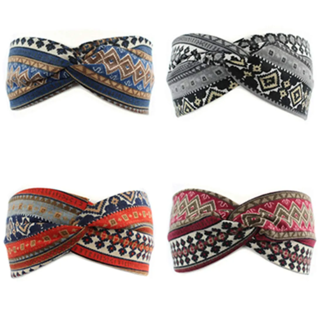 Qhome 4 Pack Women Cotton Elastic Bohemian Turban Headbands Twisted Head Band Headband Headwear Hairbands Bows Girls Hair Accessories
