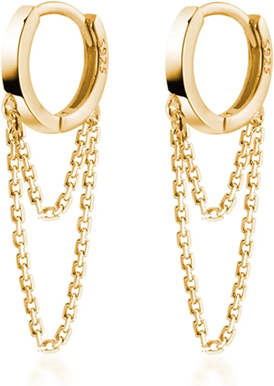 Reffeer Solid 925 Sterling Silver Tassel Chain Drop Dangle Small Hoop Earrings Huggie for Women Teen (C-Gold1)