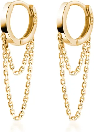 Reffeer Solid 925 Sterling Silver Tassel Chain Drop Dangle Small Hoop Earrings Huggie for Women Teen (C-Gold1)