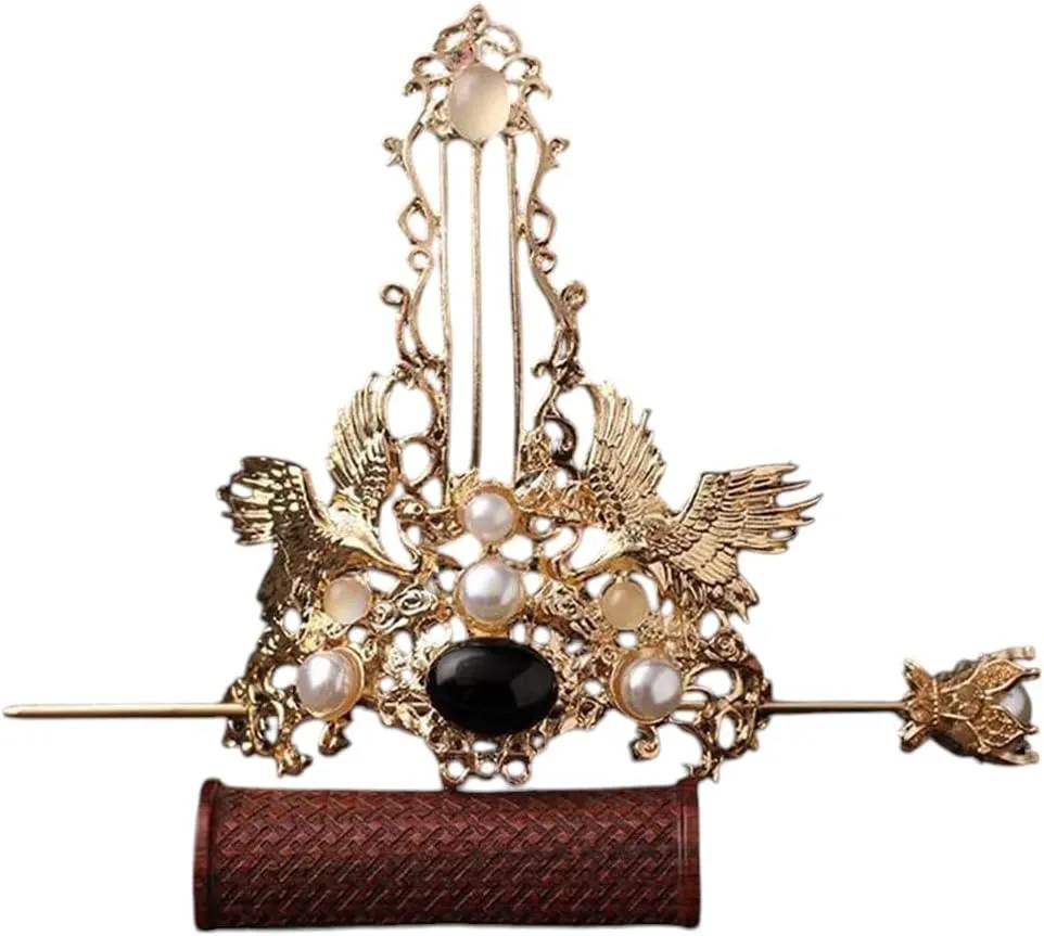 Retro Chinese Hair Crown Golden Alloy Tiaras And Crowns Pearl Headbands With Hair Sticks Vintage Hair Jewelry For Men Women