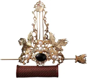 Retro Chinese Hair Crown Golden Alloy Tiaras And Crowns Pearl Headbands With Hair Sticks Vintage Hair Jewelry For Men Women