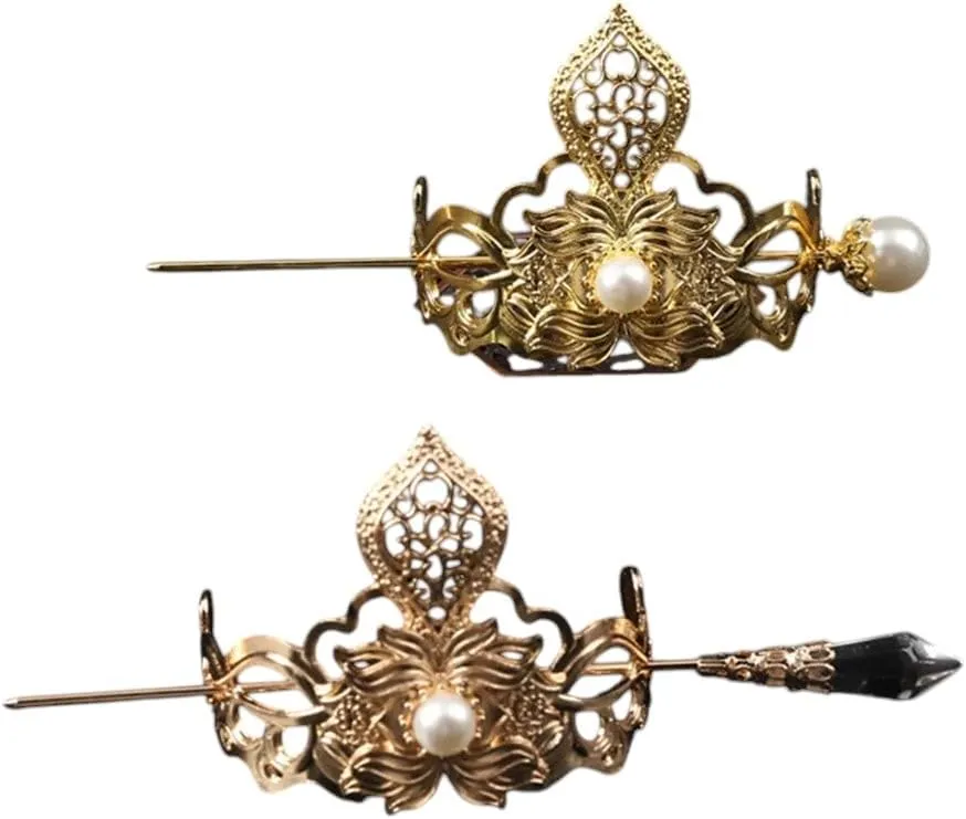 Retro Chinese Hair Crown Golden Alloy Tiaras And Crowns Pearl Headbands With Hair Sticks Vintage Hair Jewelry For Men Women