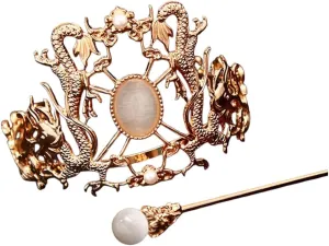 Retro Chinese Hair Crown Golden Alloy Tiaras And Crowns Pearl Headbands With Hair Sticks Vintage Hair Jewelry For Men Women