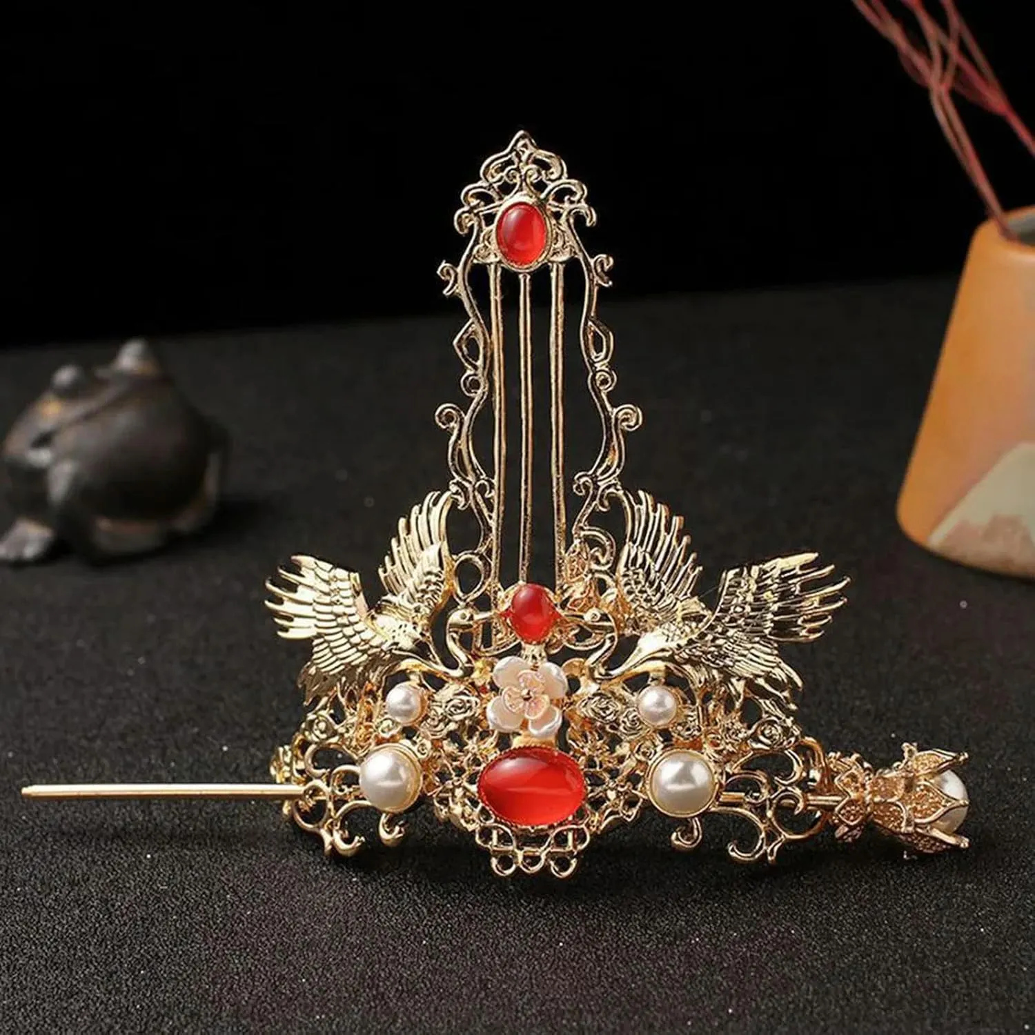 Retro Chinese Hair Crown Golden Tiaras and Crowns Pearl Headbands with Hair Sticks Vintage Hair Jewelry